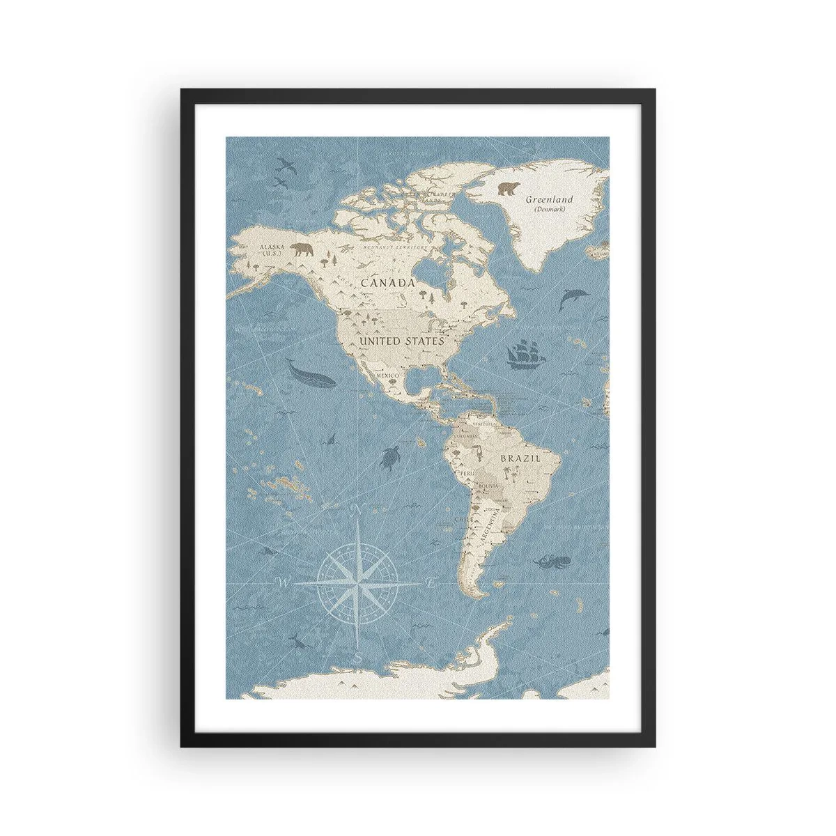 Plakat w czarnej ramie - Stylizowana mapa Ameryki Północnej i Południowej - 50x70cm - Świat w zasięgu ręki - Nowoczesna dekoracja ścienna do salonu i sypialni ARTTOR