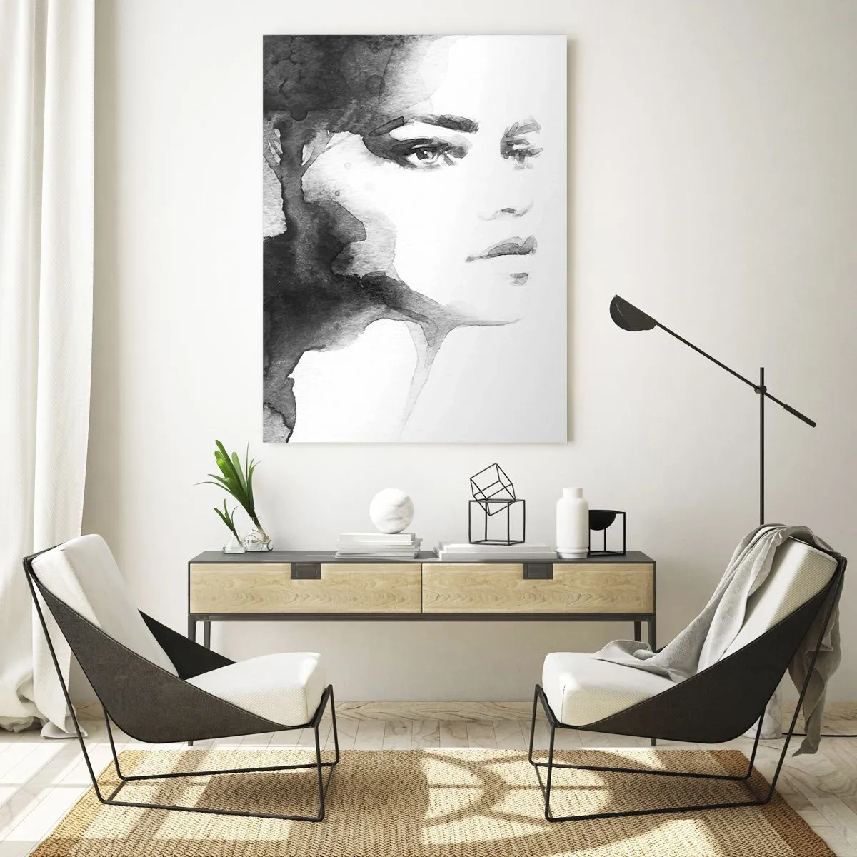 Obraz na szkle - Czarno-biały portret kobiety w technice akwareli - 50x70cm - Stworzona z tajemnicy i mgły - Nowoczesna dekoracja ścienna do salonu, kuchni i sypialni ARTTOR