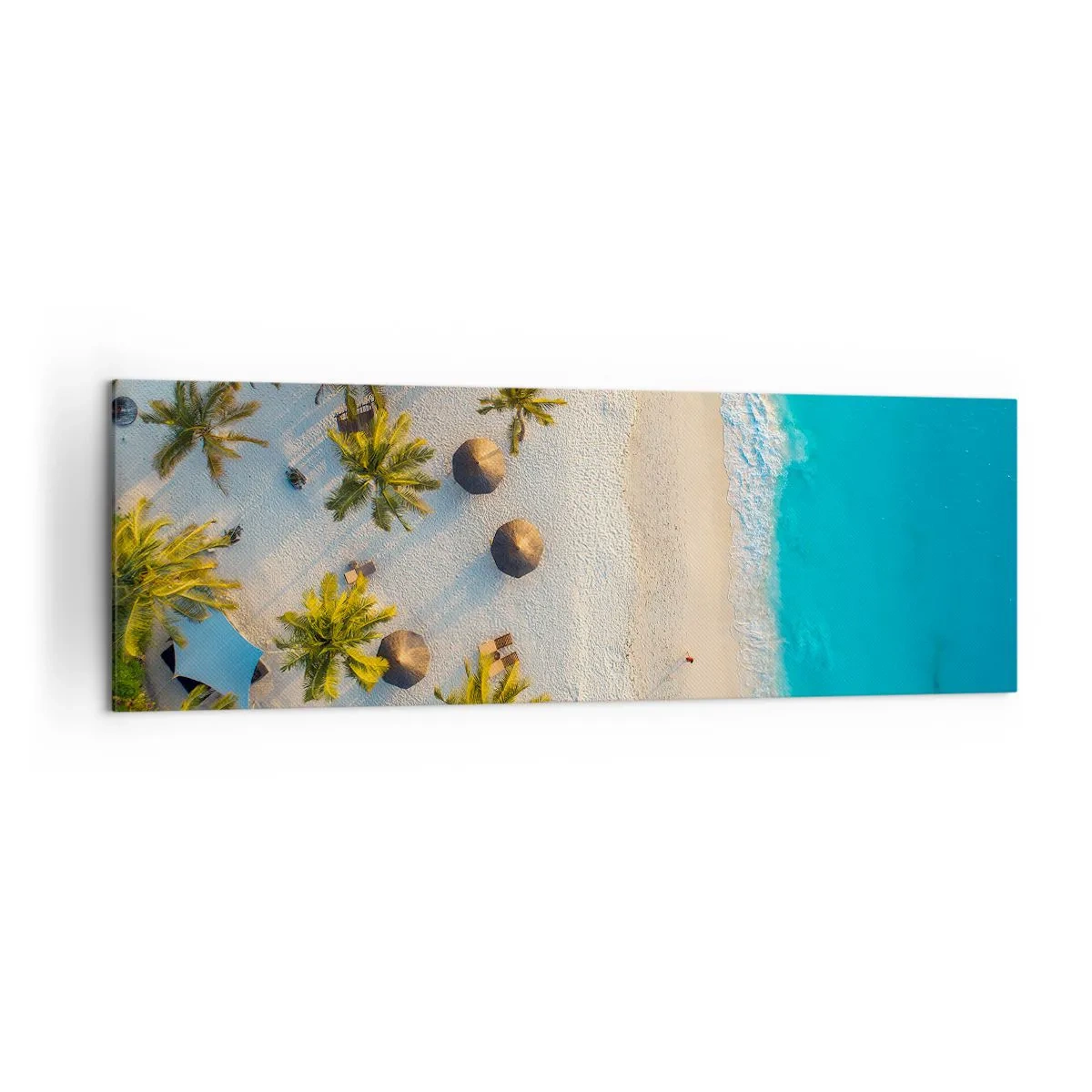 Obraz na płótnie - Widok na tropikalną plażę z palmami i turkusowym morzem - 160x50cm - Witaj w raju - Nowoczesna dekoracja ścienna do salonu i sypialni ARTTOR