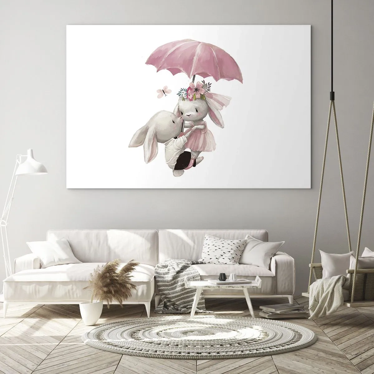 Obraz na szkle - Dwa króliki pod różowym parasolem w romantycznej scenie - 70x50cm - To właśnie miłość - Nowoczesna dekoracja ścienna do salonu i sypialni ARTTOR