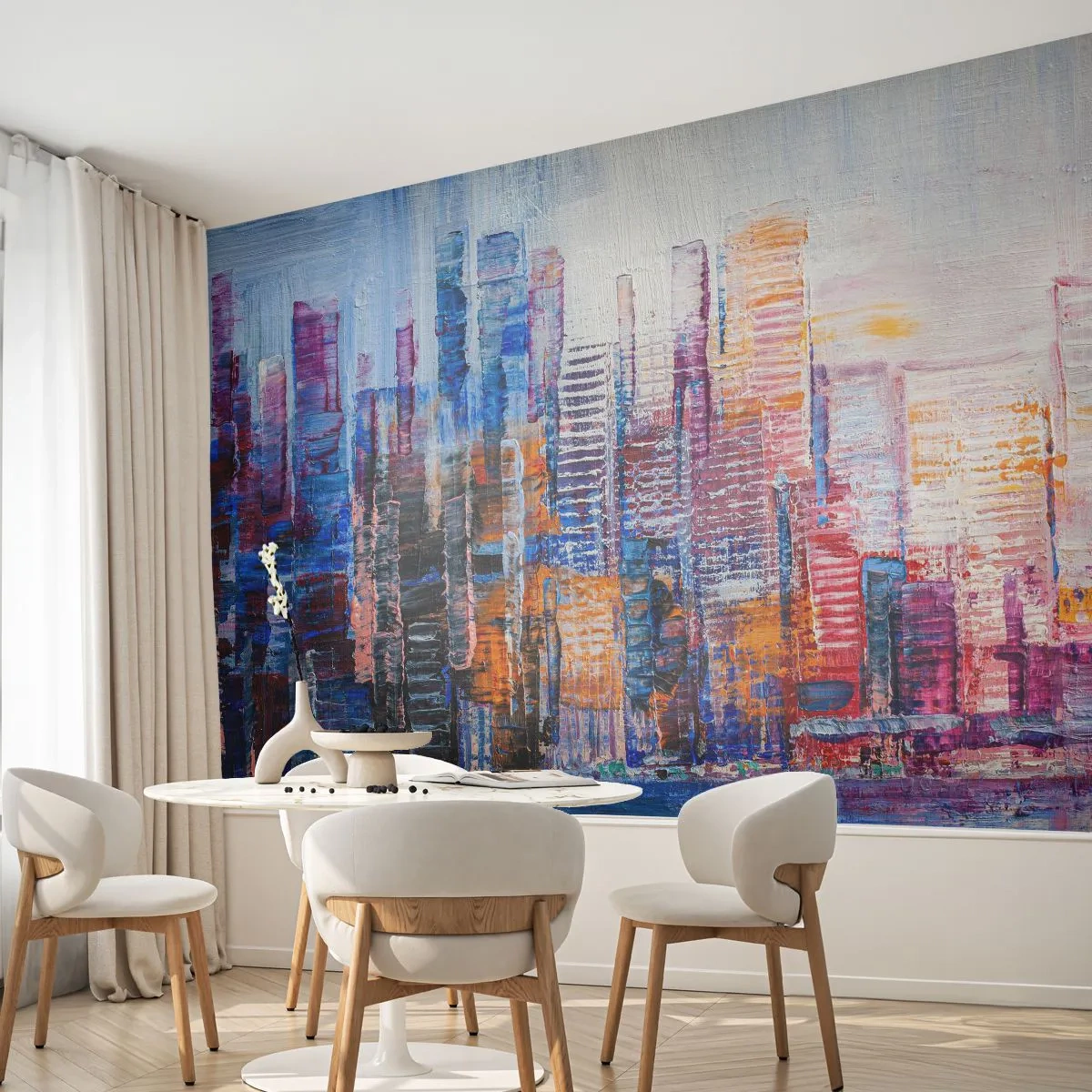 Fototapeta Premium Sand - Kolorowa panorama miasta odbijająca się w wodzie - 100x70cm - Radosna metropolia - Nowoczesna dekoracja ścienna do salonu, kuchni i sypialni ARTTOR
