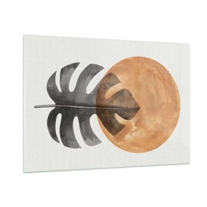 Obraz na szkle - Liść monstery i pomarańczowe koło w stylu graficznym na białym tle - 100x70cm - Zawsze słońce - Nowoczesna dekoracja ścienna do salonu, kuchni i sypialni ARTTOR