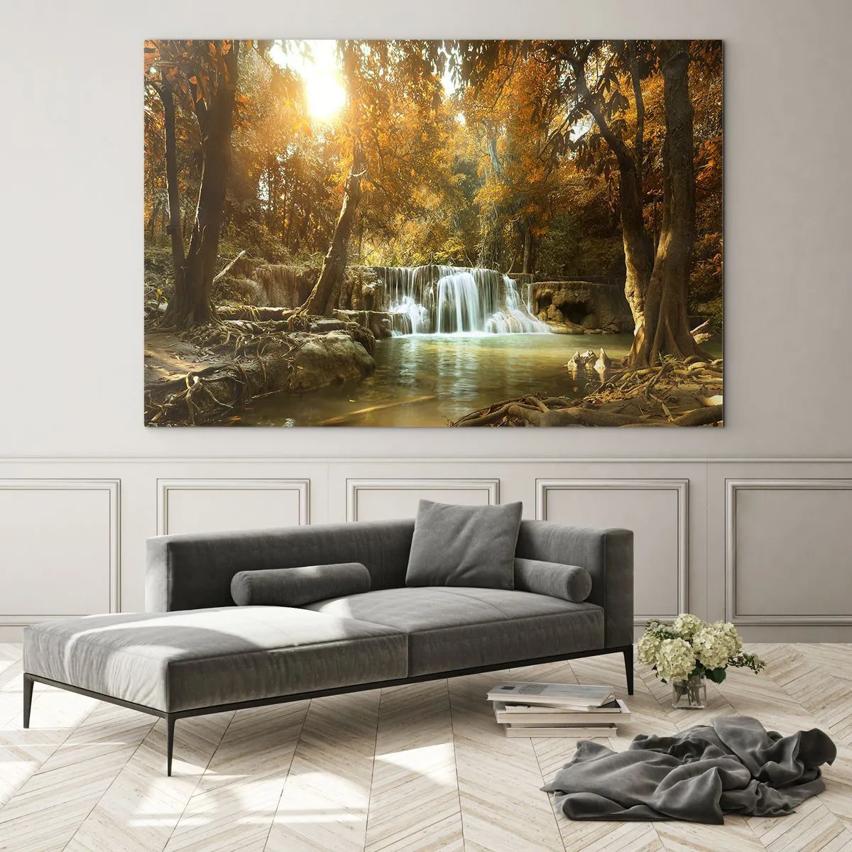 Obraz na szkle - Wodospad w parku otoczonym drzewami w jesiennych barwach - 70x50cm - Parkowa kaskada - Nowoczesna dekoracja ścienna do salonu i sypialni ARTTOR