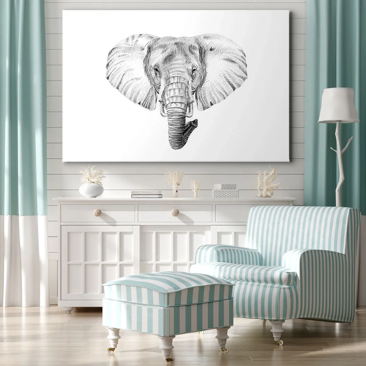 Obraz na płótnie - Czarno-biały rysunek głowy słonia na białym tle - 70x50cm - "Był sobie słoń, wielki jak - słoń" - Nowoczesna dekoracja ścienna do salonu i sypialni ARTTOR