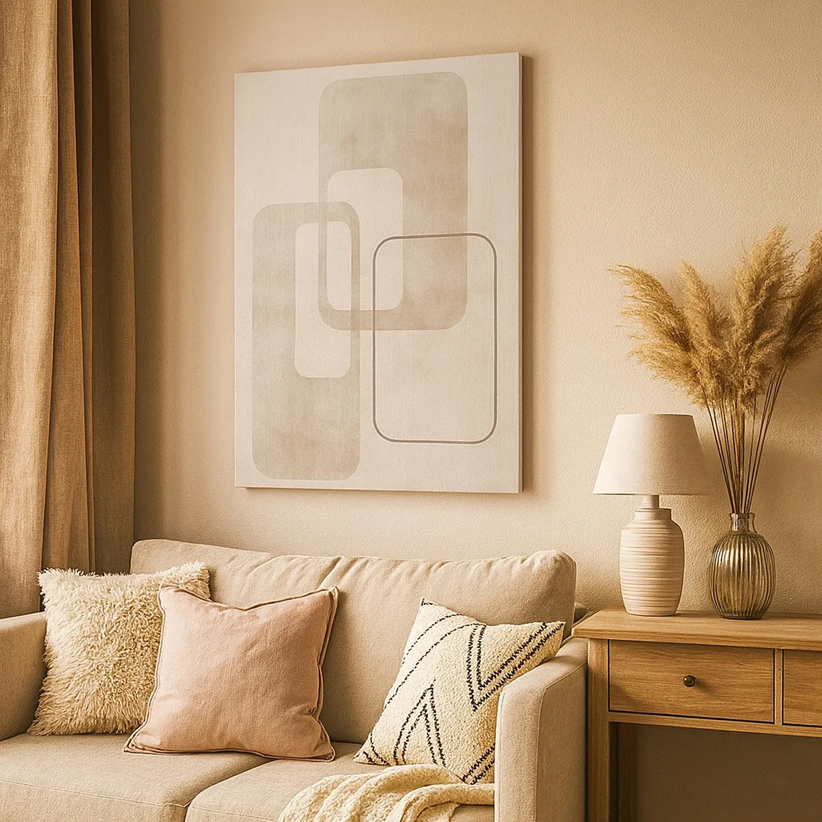 Obraz na płótnie - Minimalistyczna kompozycja geometrycznych prostokątów w beżowych odcieniach. - 50x70cm - Geometryczna fuga - Nowoczesna dekoracja ścienna do salonu, kuchni i sypialni ARTTOR