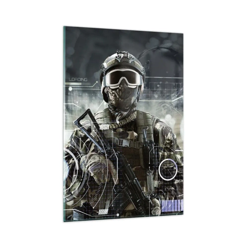 Obraz na szkle - Żołnierz w futurystycznym hełmie z bronią w tle technologii - 80x120cm - Moc do potęgi - Nowoczesna dekoracja ścienna do salonu i sypialni ARTTOR