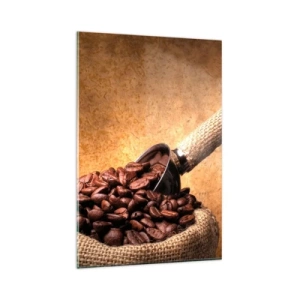 Obraz na szkle - Ziarna kawy w worku jutowym z metalową łyżką - 80x120cm - U źródeł smaku - Nowoczesna dekoracja ścienna do salonu i sypialni ARTTOR