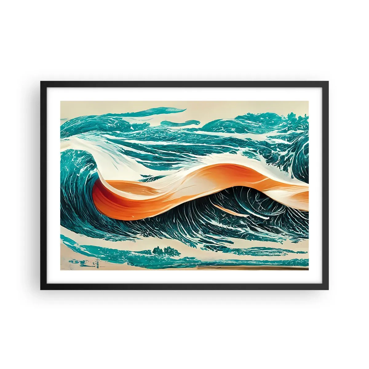 Plakat w czarnej ramie - Dynamiczne fale morskie z abstrakcyjną wstęgą - 70x50cm - Sen surfera - Nowoczesna dekoracja ścienna do salonu i sypialni ARTTOR