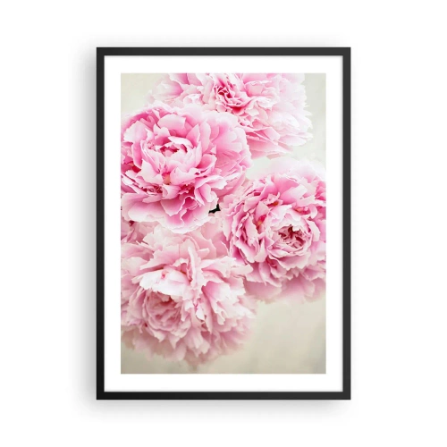 Plakat w czarnej ramie - Bukiet różowych piwonii na jasnym tle - 50x70cm - W różowym przepychu - Nowoczesna dekoracja ścienna do salonu i sypialni ARTTOR