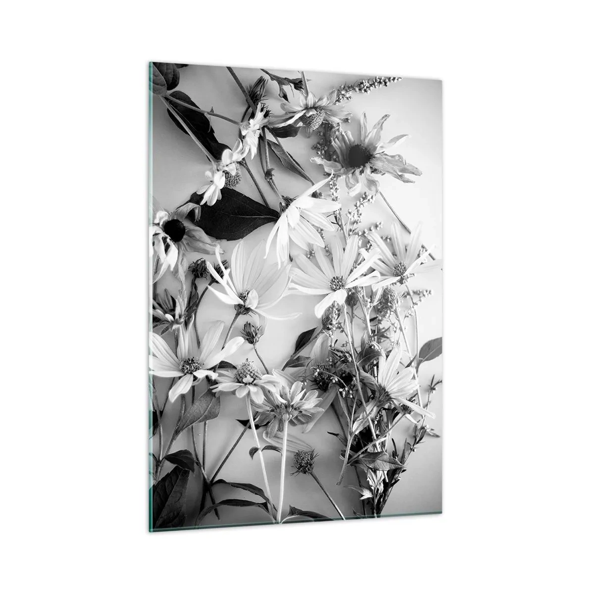 Obraz na szkle - Rozsypane czarno-białe kwiaty w artystycznym układzie - 50x70cm - Nie-bukiet kwiatów - Nowoczesna dekoracja ścienna do salonu, kuchni i sypialni ARTTOR