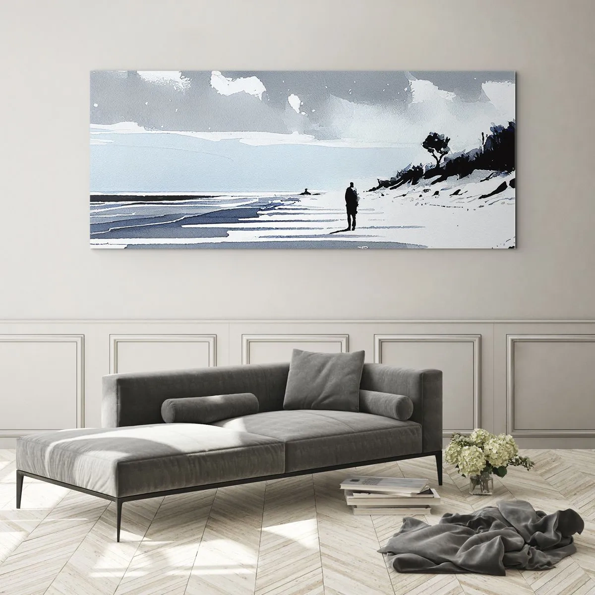 Obraz na szkle - Samotna postać spacerująca po pustej plaży - 160x50cm - Sam na sam - Nowoczesna dekoracja ścienna do salonu i sypialni ARTTOR