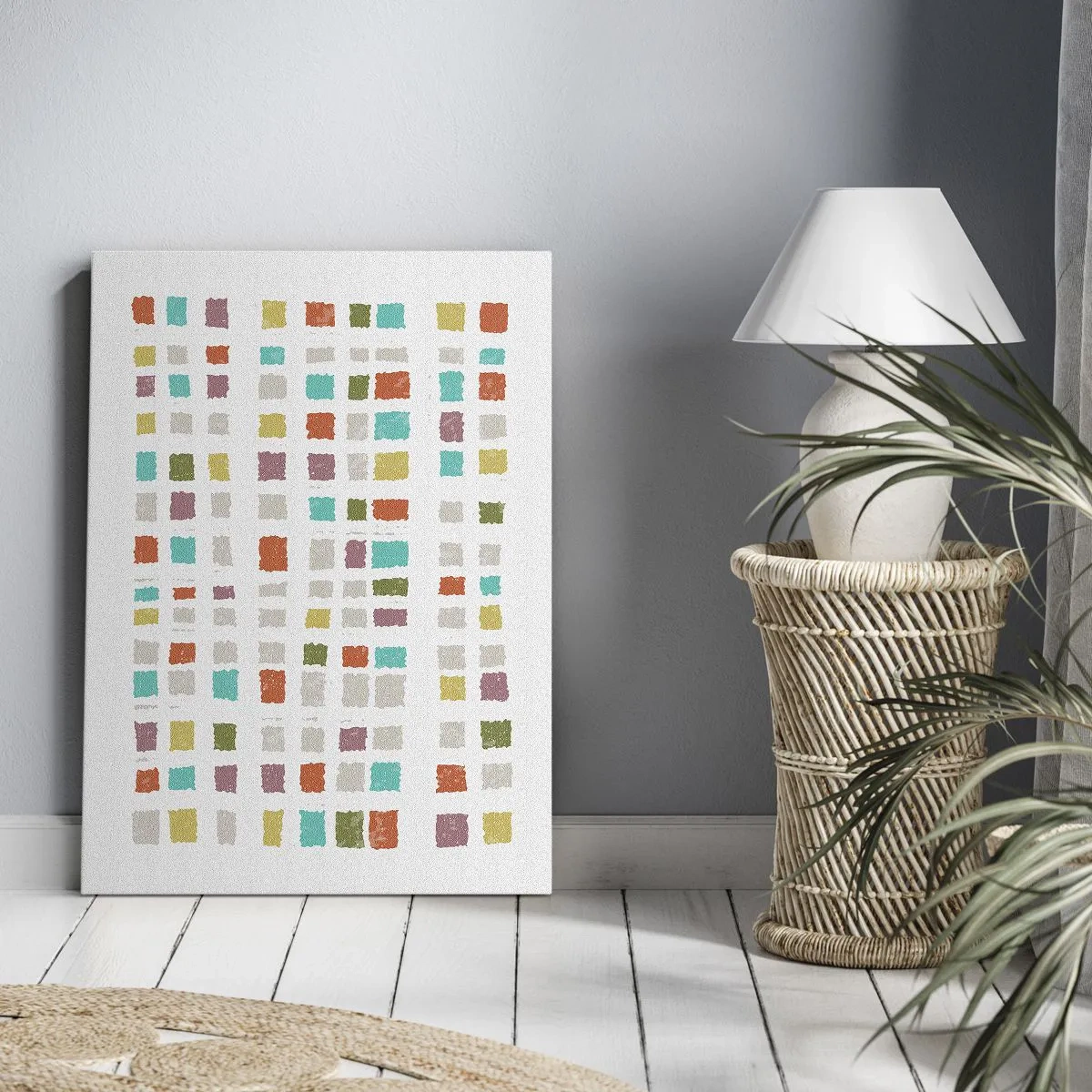 Obraz na płótnie - Kolorowe kwadraty w minimalistycznym układzie na białym tle - 80x120cm - Nieznana gra - Nowoczesna dekoracja ścienna do salonu i sypialni ARTTOR