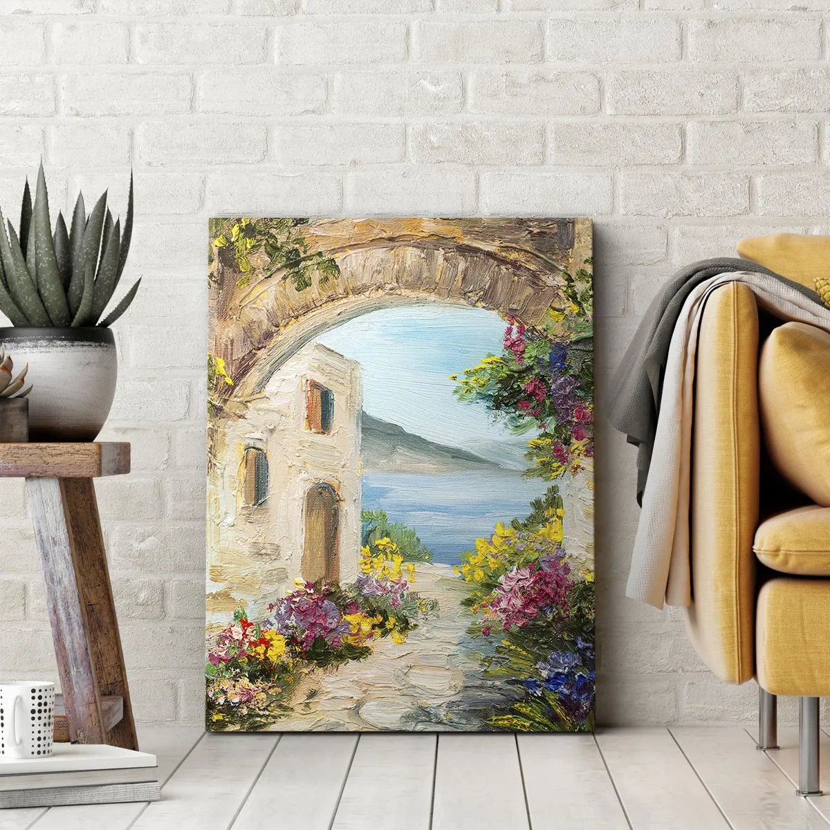 Obraz na płótnie - Malownicza kamienna brama z widokiem na morze i kwiaty - 50x70cm - Urok nadmorskiej prowincji - Nowoczesna dekoracja ścienna do salonu, kuchni i sypialni ARTTOR