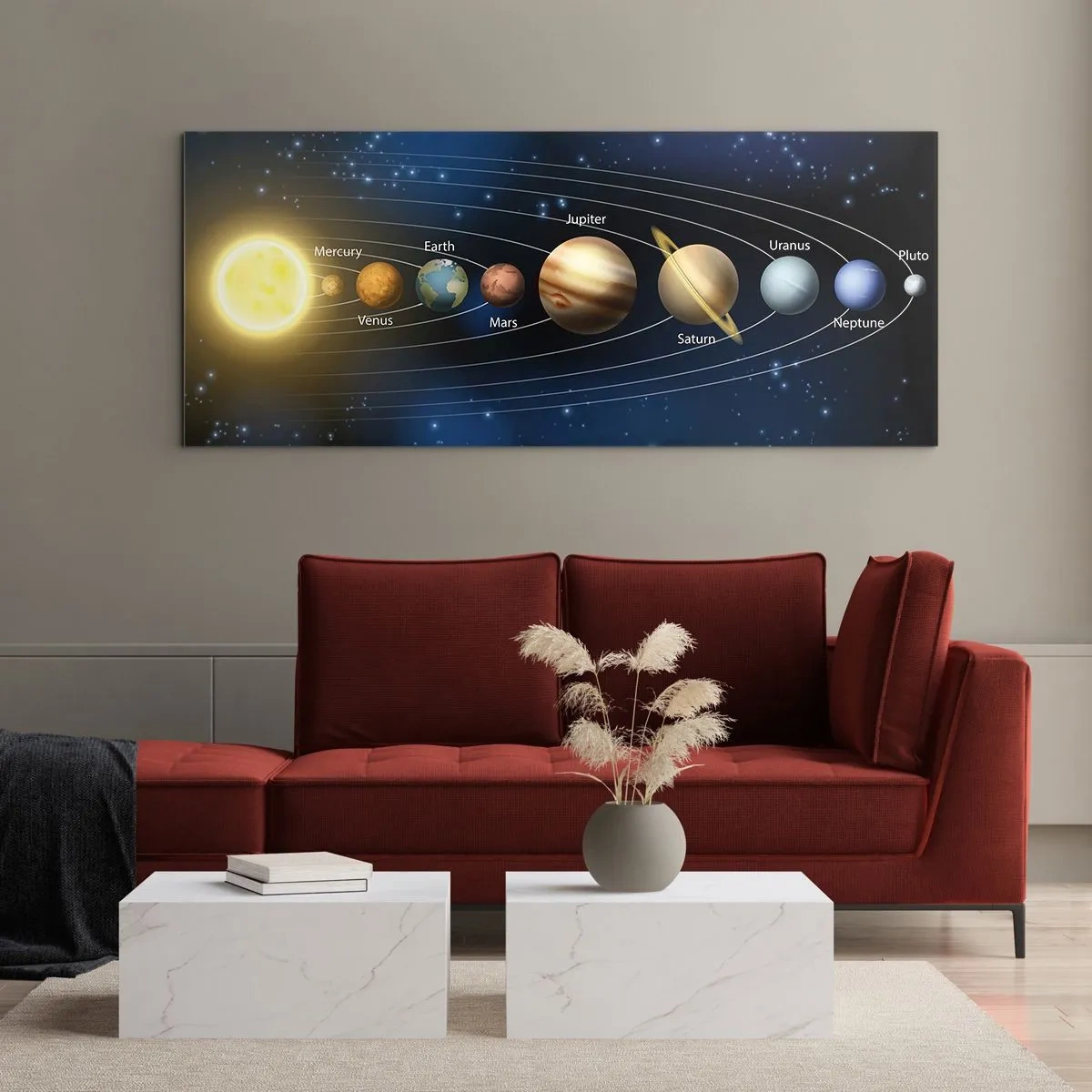 Obraz na szkle - Schemat układu słonecznego z planetami i słońcem - 160x50cm - Jedna z dziesięciu - Nowoczesna dekoracja ścienna do salonu i sypialni ARTTOR