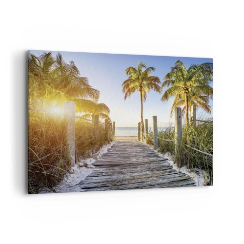 Obraz na płótnie - Drewniana ścieżka na plaży z palmami w tle - 120x80cm - Prosto do raju - Nowoczesna dekoracja ścienna do salonu, kuchni i sypialni ARTTOR