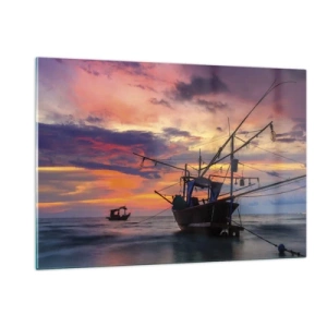 Obraz na szkle - Łodzie rybackie na morzu o zachodzie słońca - 120x80cm - Egzotyczny wieczór - Nowoczesna dekoracja ścienna do salonu, kuchni i sypialni ARTTOR