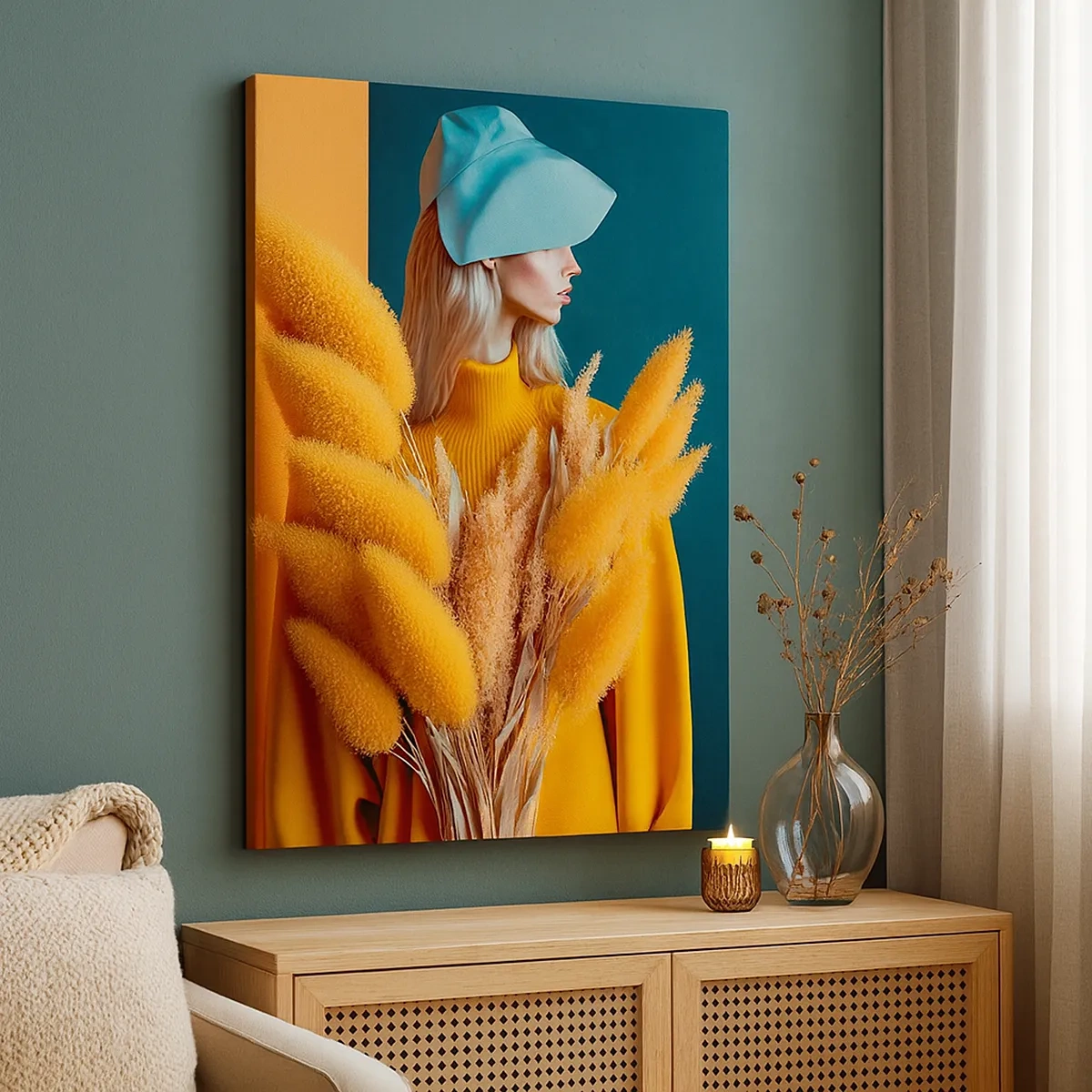 Obraz na płótnie - Portret kobiety w żółtym stroju z suszonymi roślinami na tle turkusu - 50x70cm - Portret puszysty - Nowoczesna dekoracja ścienna do salonu, kuchni i sypialni ARTTOR