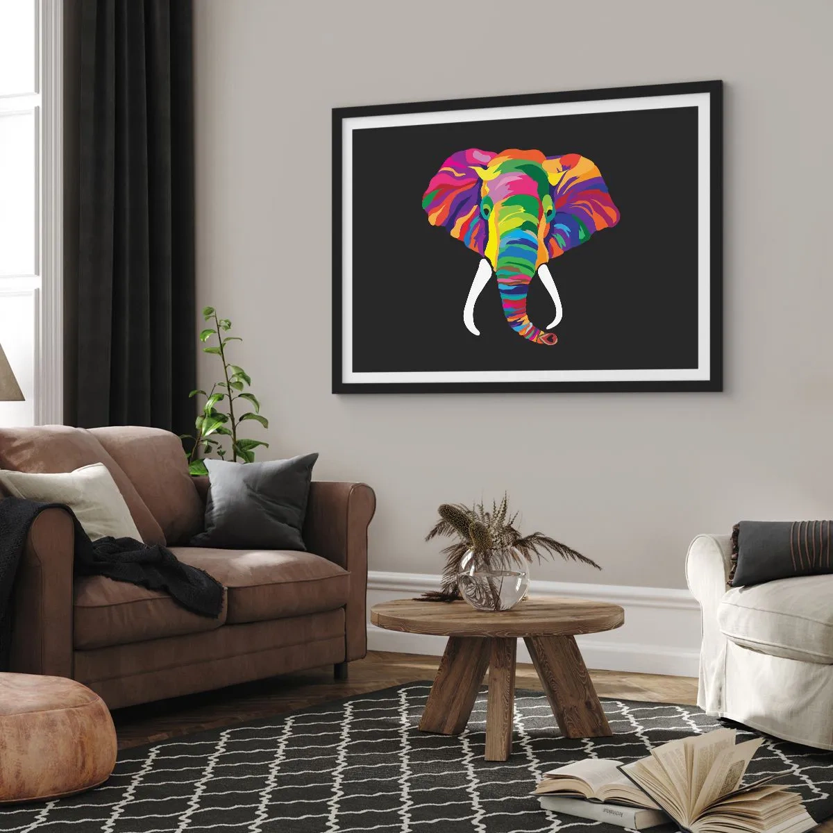 Plakat w czarnej ramie - Kolorowy wizerunek słonia na czarnym tle - 70x50cm - Słoń, który kochał kąpać się w tęczy - Nowoczesna dekoracja ścienna do salonu i sypialni ARTTOR