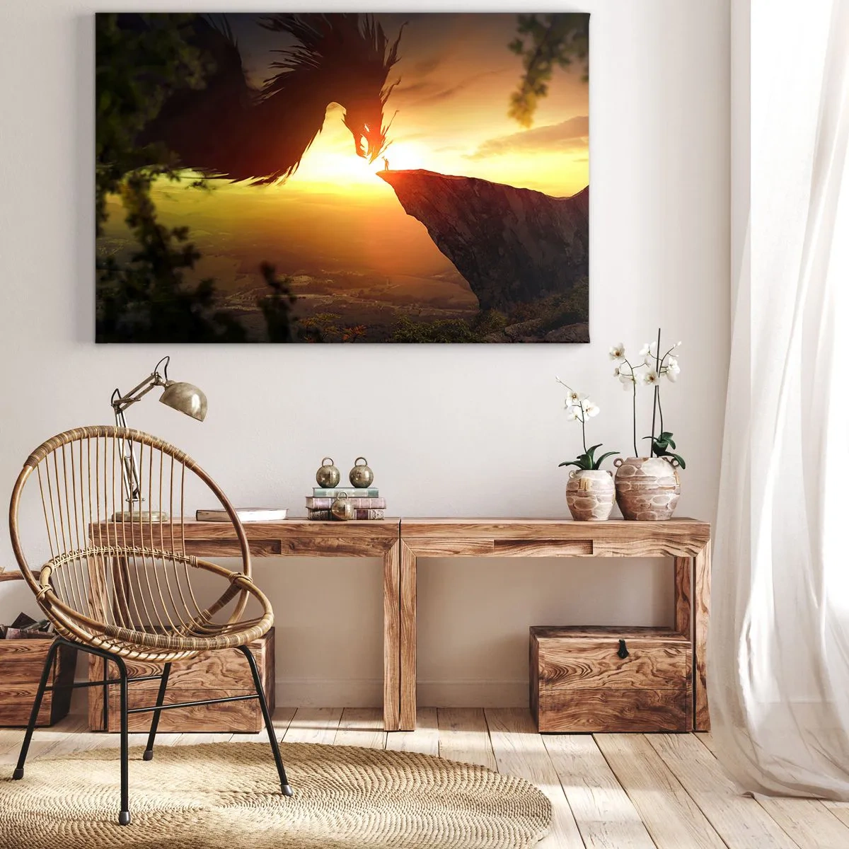 Obraz na płótnie - Smok i człowiek na skale w blasku zachodzącego słońca - 100x70cm - Pogromca smoka - Nowoczesna dekoracja ścienna do salonu, kuchni i sypialni ARTTOR