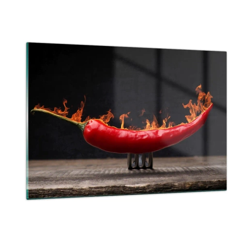 Obraz na szkle - Płonąca czerwona papryczka chili na czarnym tle - 120x80cm - Ognista zakąska - Nowoczesna dekoracja ścienna do salonu, kuchni i sypialni ARTTOR