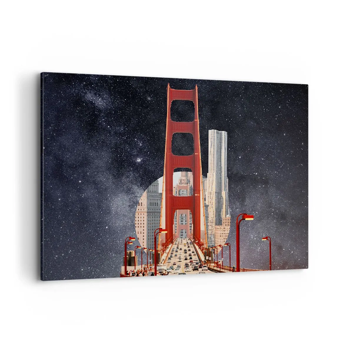 Obraz na płótnie - Most Golden Gate z miastem w tle na tle gwiaździstego nieba - 100x70cm - Zawsze w centrum - Nowoczesna dekoracja ścienna do salonu, kuchni i sypialni ARTTOR