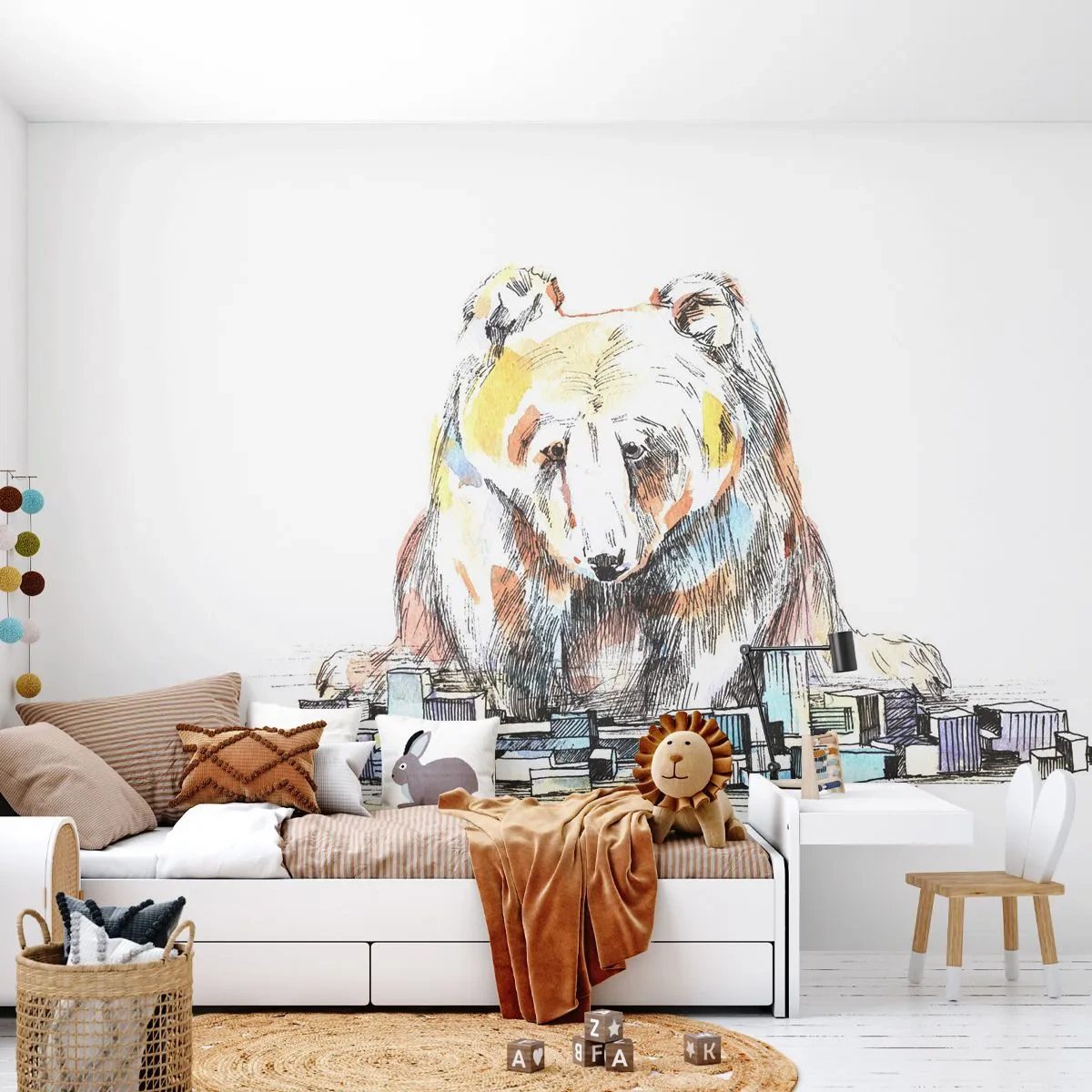 Fototapeta Premium Sand - Niedźwiedź w surrealistycznej ilustracji nad miastem - 100x70cm - Jak można tak żyć? - Nowoczesna dekoracja ścienna do salonu, kuchni i sypialni ARTTOR
