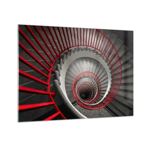 Obraz na szkle - Spiralne schody z czerwonymi poręczami w perspektywie - 70x50cm - Zabawy architektury - Nowoczesna dekoracja ścienna do salonu i sypialni ARTTOR