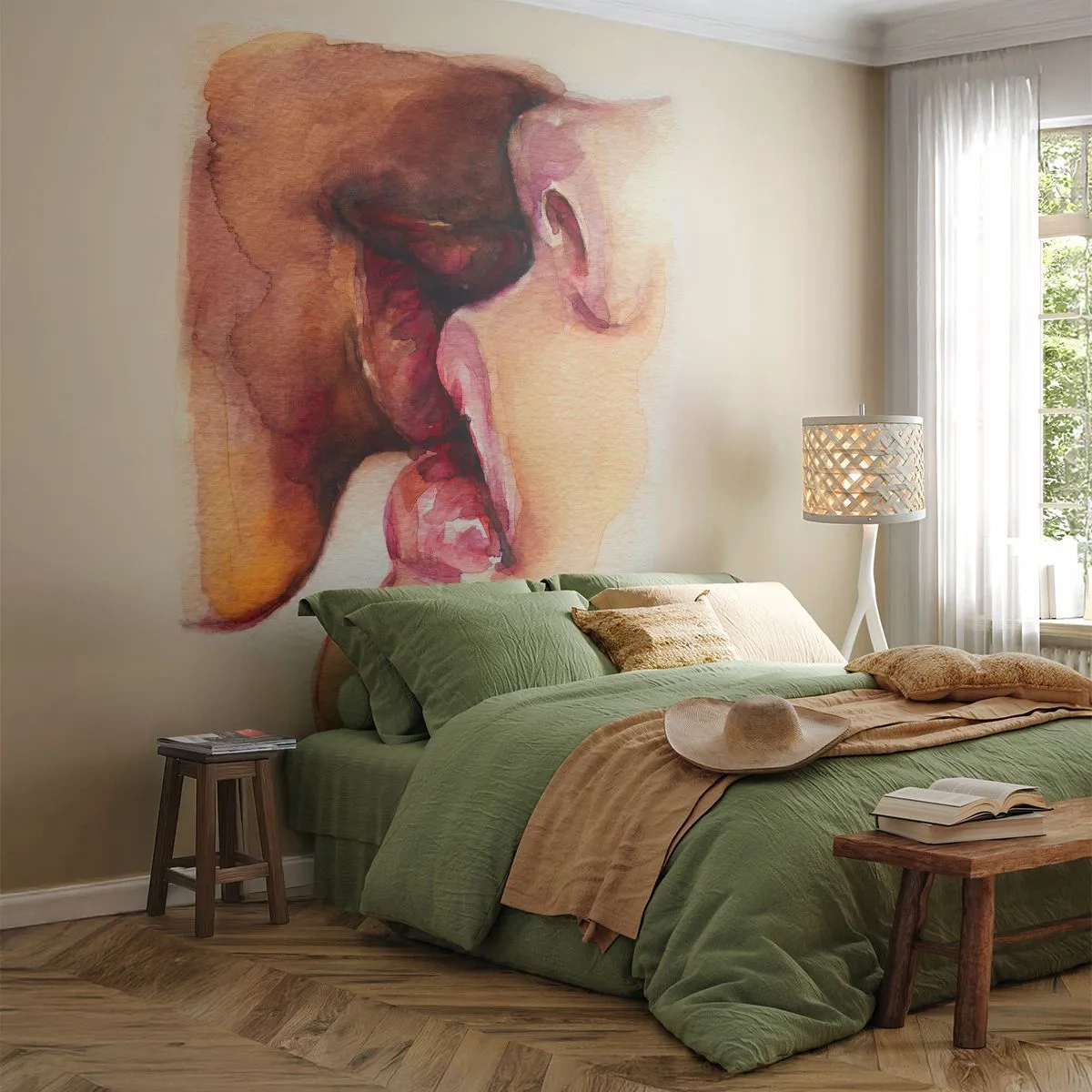 Fototapeta Premium Sand - Artystyczny pocałunek ukazany akwarelą na jasnym tle - 100x70cm - Jak noc i dzień, ziemia i niebo - Nowoczesna dekoracja ścienna do salonu, kuchni i sypialni ARTTOR