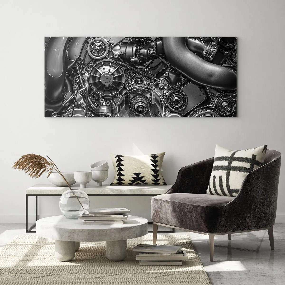 Obraz na szkle - Czarno-białe zbliżenie na mechaniczne detale silnika samochodu - 140x50cm - Poezja mechaniki - Nowoczesna dekoracja ścienna do salonu i sypialni ARTTOR