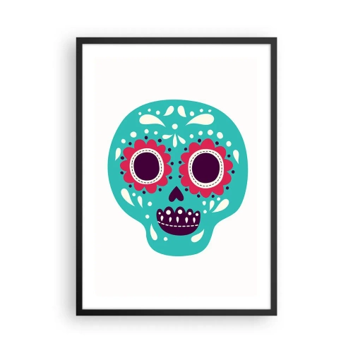 Plakat w czarnej ramie - Kolorowa czaszka w stylu meksykańskiego Día de los Muertos - 50x70cm - Życie – zabawa aż do śmierci - Nowoczesna dekoracja ścienna do salonu i sypialni ARTTOR