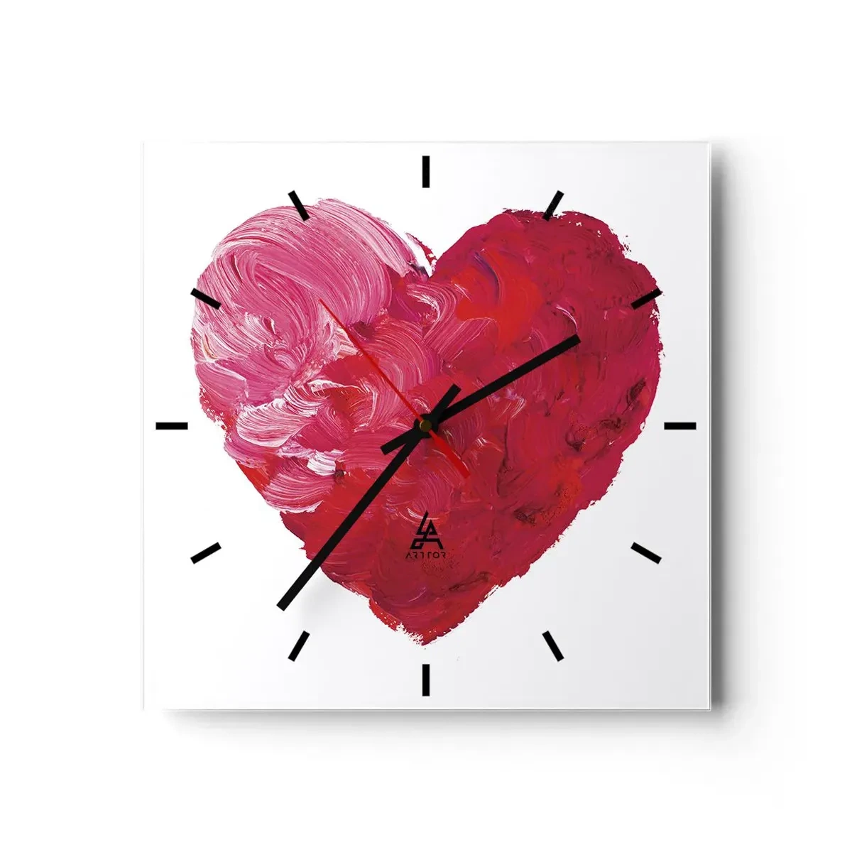 Zegar ścienny - Różowe i czerwone serce namalowane pędzlem - 30x30cm - All you need is love - Nowoczesna dekoracja ścienna do salonu i sypialni ARTTOR