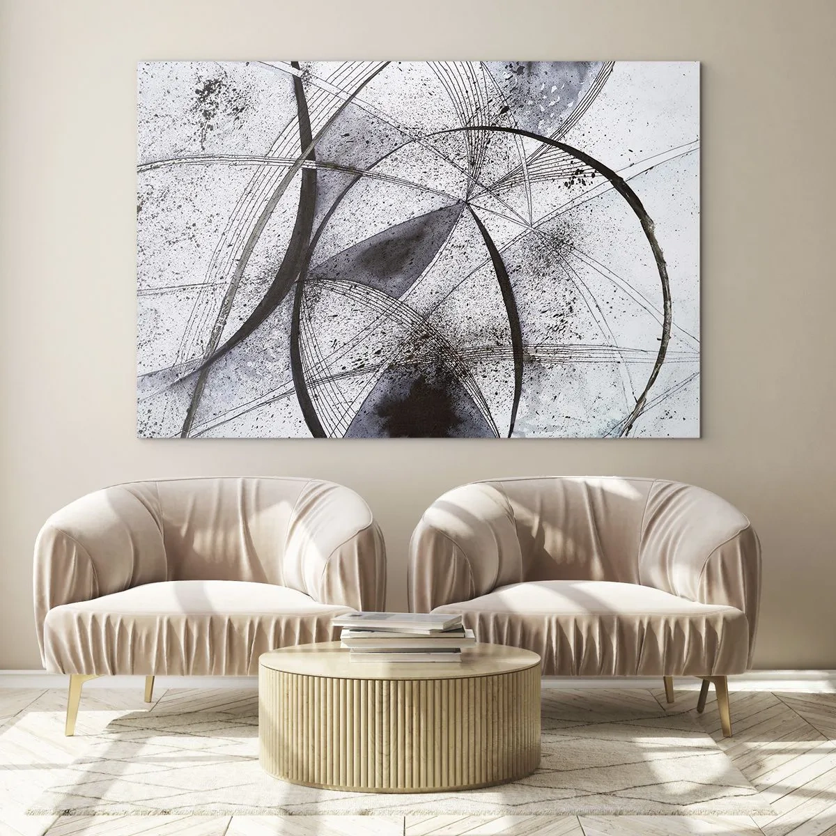 Obraz na szkle - Czarno-biała kompozycja z przecinających się linii i geometrycznych łuków - 70x50cm - Futurystyczna fantazja - Nowoczesna dekoracja ścienna do salonu i sypialni ARTTOR