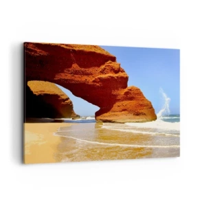 Obraz na płótnie - Naturalny łuk skalny na plaży z błękitnym niebem i falami - 120x80cm - Woda i wiatr przez tysiące lat - Nowoczesna dekoracja ścienna do salonu, kuchni i sypialni ARTTOR