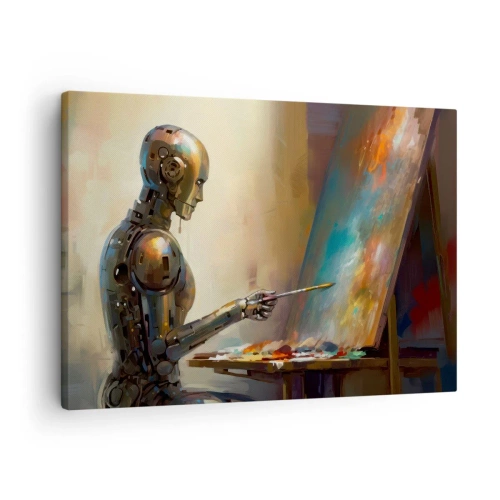 Obraz na płótnie - Robot malujący na płótnie w artystycznym stylu - 70x50cm - Sztuka przyszłości - Nowoczesna dekoracja ścienna do salonu i sypialni ARTTOR
