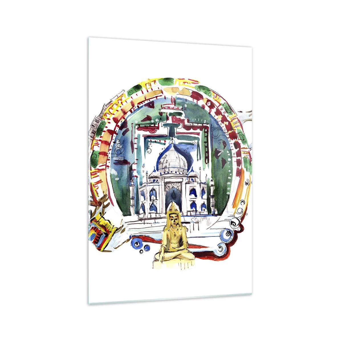 Obraz na szkle - Kolorowa ilustracja z motywem architektury Indii - 70x100cm - Hinduska równowaga świata - Nowoczesna dekoracja ścienna do salonu i sypialni ARTTOR