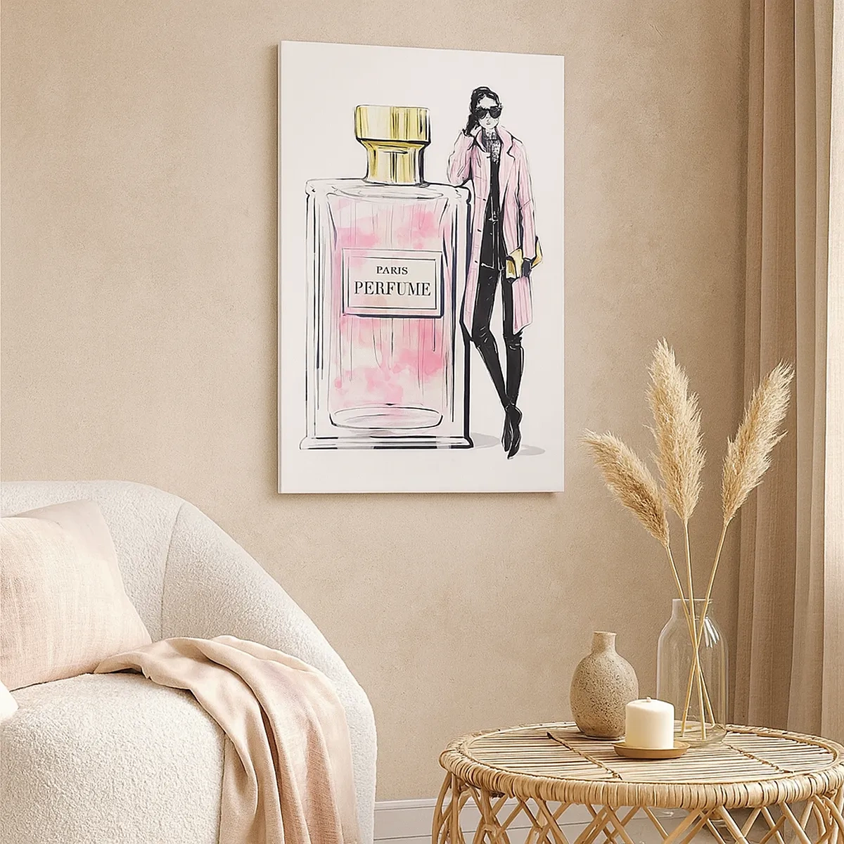 Obraz na płótnie - Flakon perfum z elegancką kobietą w różowym płaszczu - 50x70cm - Paryska zmysłowość - Nowoczesna dekoracja ścienna do salonu, kuchni i sypialni ARTTOR