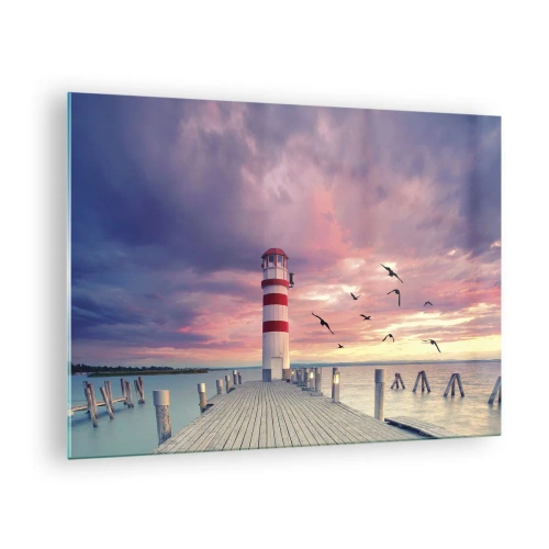 Obraz na szkle - Latarnia morska na molo o zachodzie słońca z lecącymi ptakami - 70x50cm - Pora do portu - Nowoczesna dekoracja ścienna do salonu i sypialni ARTTOR