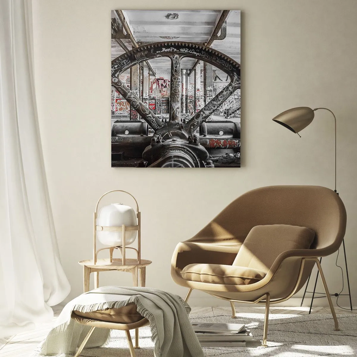 Obraz na szkle - Stary mechanizm w opuszczonym industrialnym wnętrzu - 80x120cm - Sekretne życie fabryki - Nowoczesna dekoracja ścienna do salonu i sypialni ARTTOR