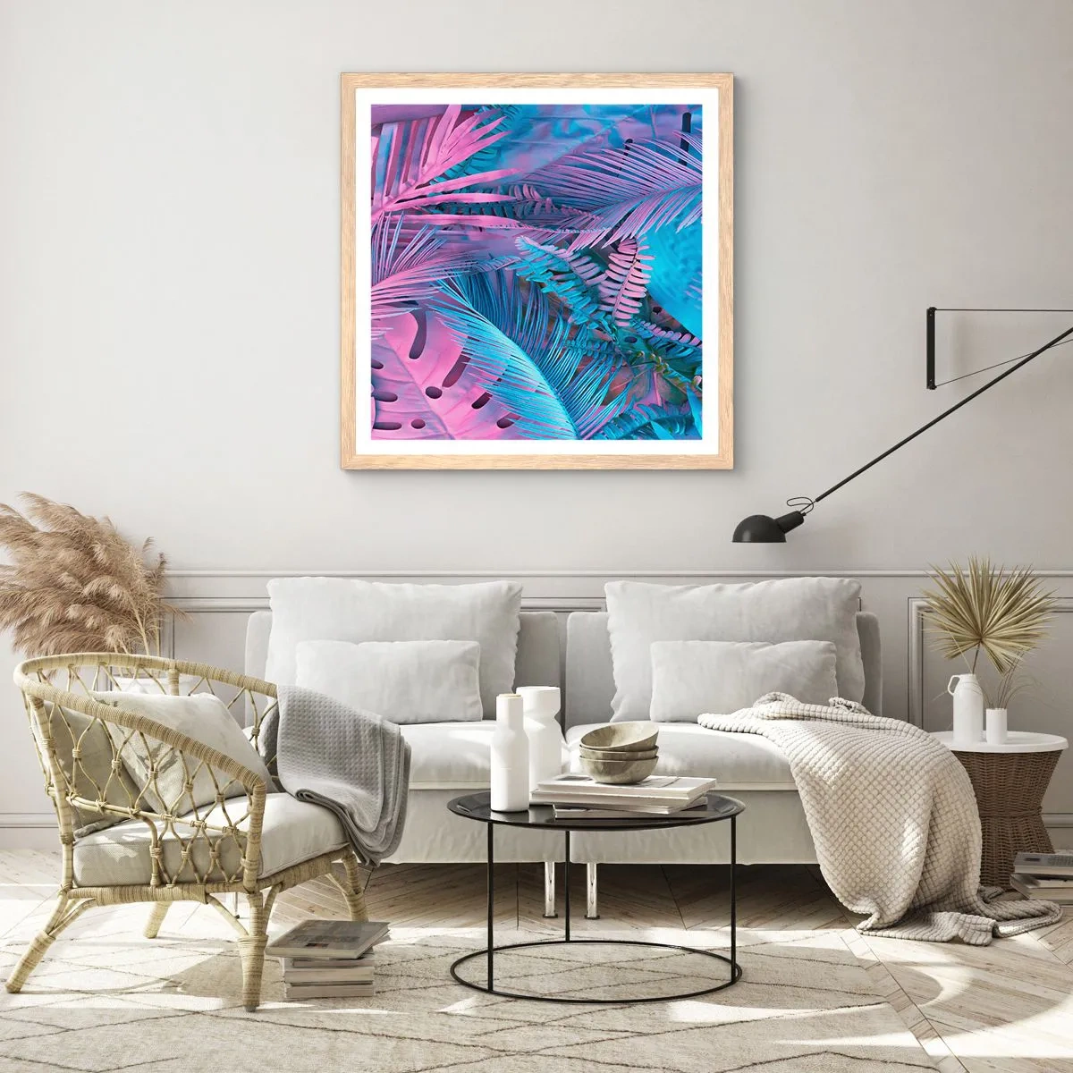 Plakat w ramie jasny dąb - Tropiki w różu i błękicie - 30x30 cm