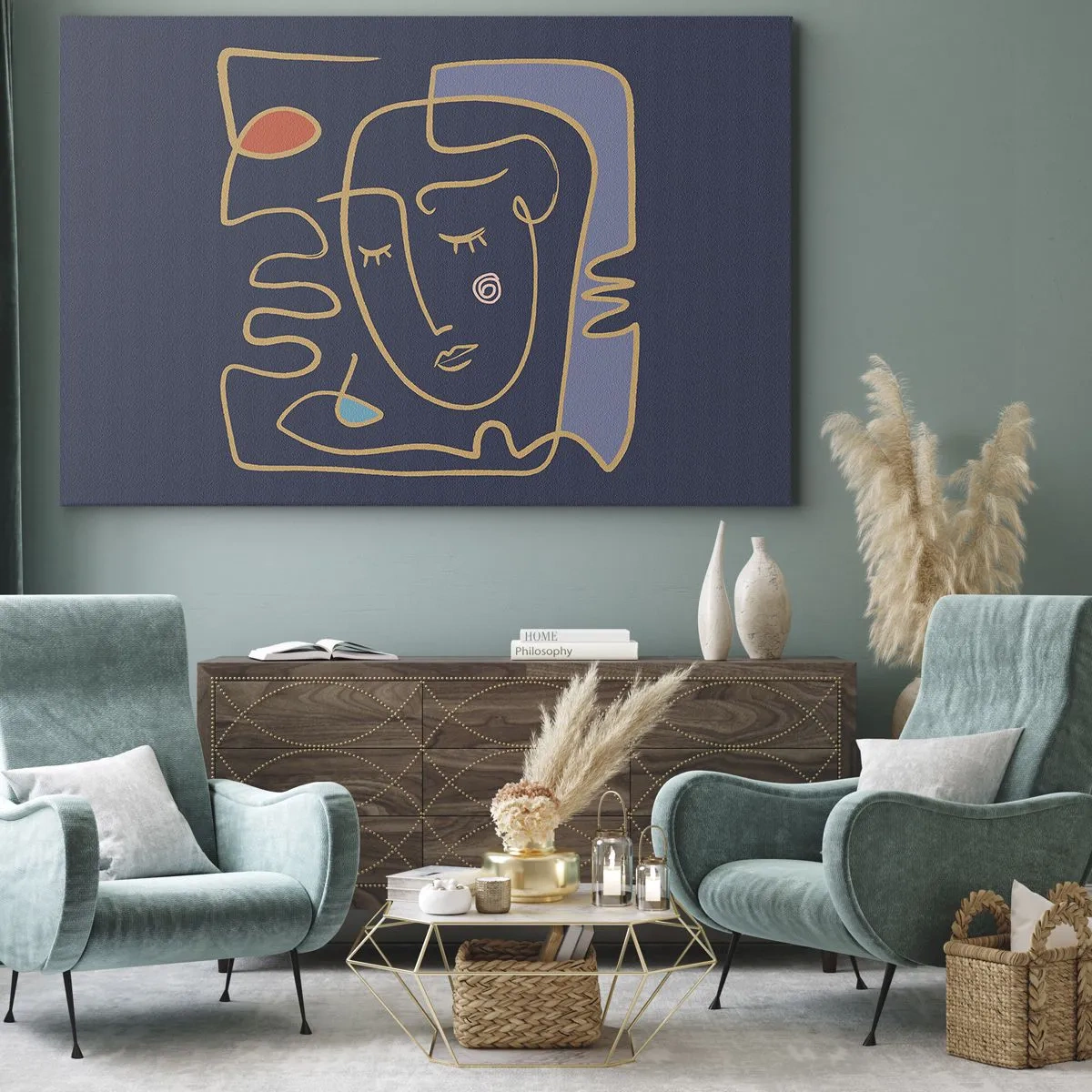 Obraz na płótnie - Abstrakcyjny portret twarzy w minimalistycznym stylu - 120x80cm - W zamyśleniu - Nowoczesna dekoracja ścienna do salonu, kuchni i sypialni ARTTOR