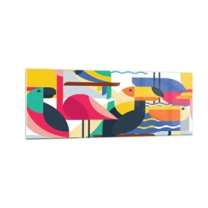 Obraz na szkle - Kolorowe ptaki w abstrakcyjnej, geometrycznej kompozycji - 140x50cm - Ptasie party - Nowoczesna dekoracja ścienna do salonu i sypialni ARTTOR