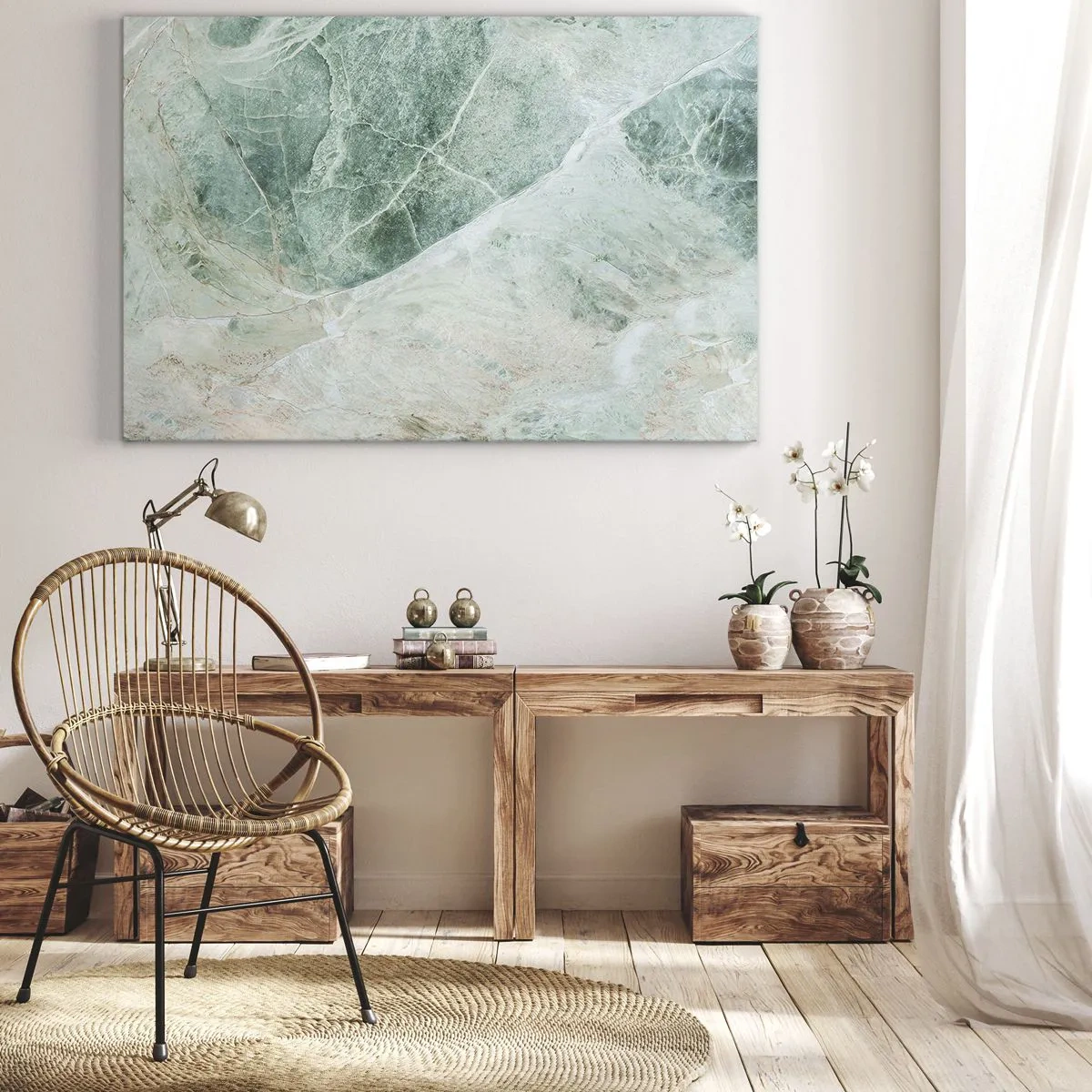 Obraz na płótnie - Zielony marmur z delikatnymi białymi żyłkami - 70x50cm - Szlachetny chłód kamienia - Nowoczesna dekoracja ścienna do salonu i sypialni ARTTOR