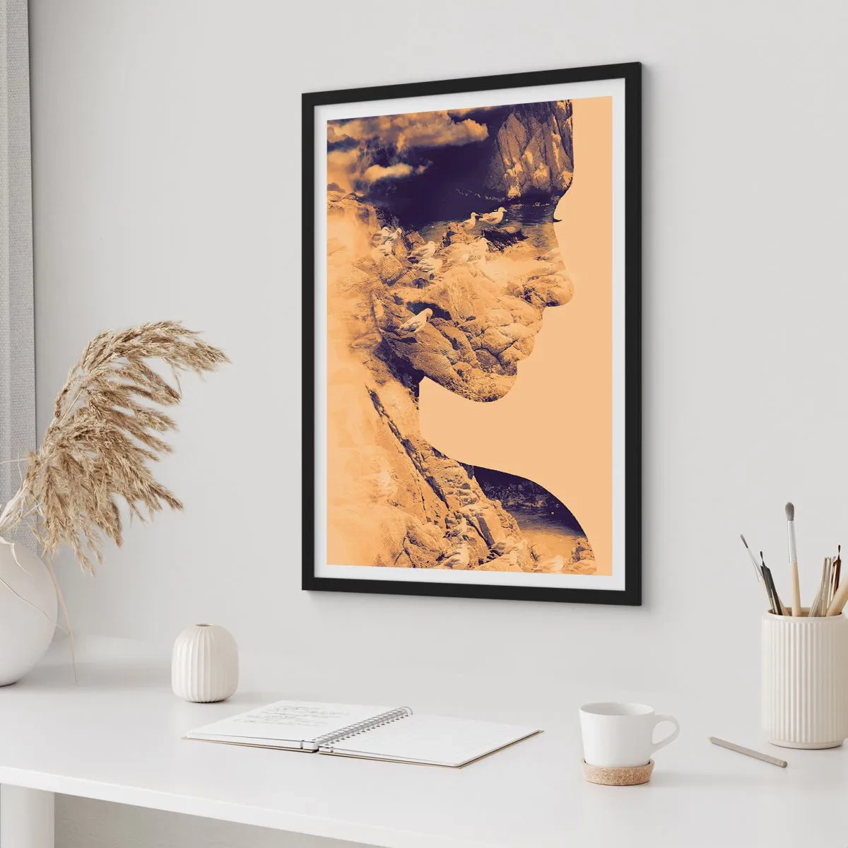 Plakat w czarnej ramie - Portret z krajobrazem w stylistyce double exposure - 50x70cm - Piękna z natury - Nowoczesna dekoracja ścienna do salonu i sypialni ARTTOR