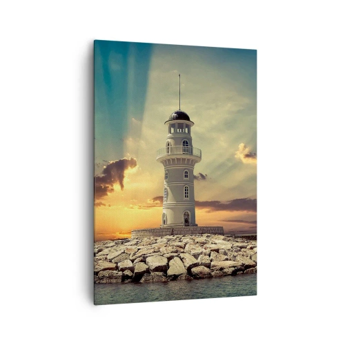 Obraz na płótnie - Latarnia morska o zachodzie słońca na tle nieba - 70x100cm - Światło - Dobro - Piękno - Nowoczesna dekoracja ścienna do salonu i sypialni ARTTOR
