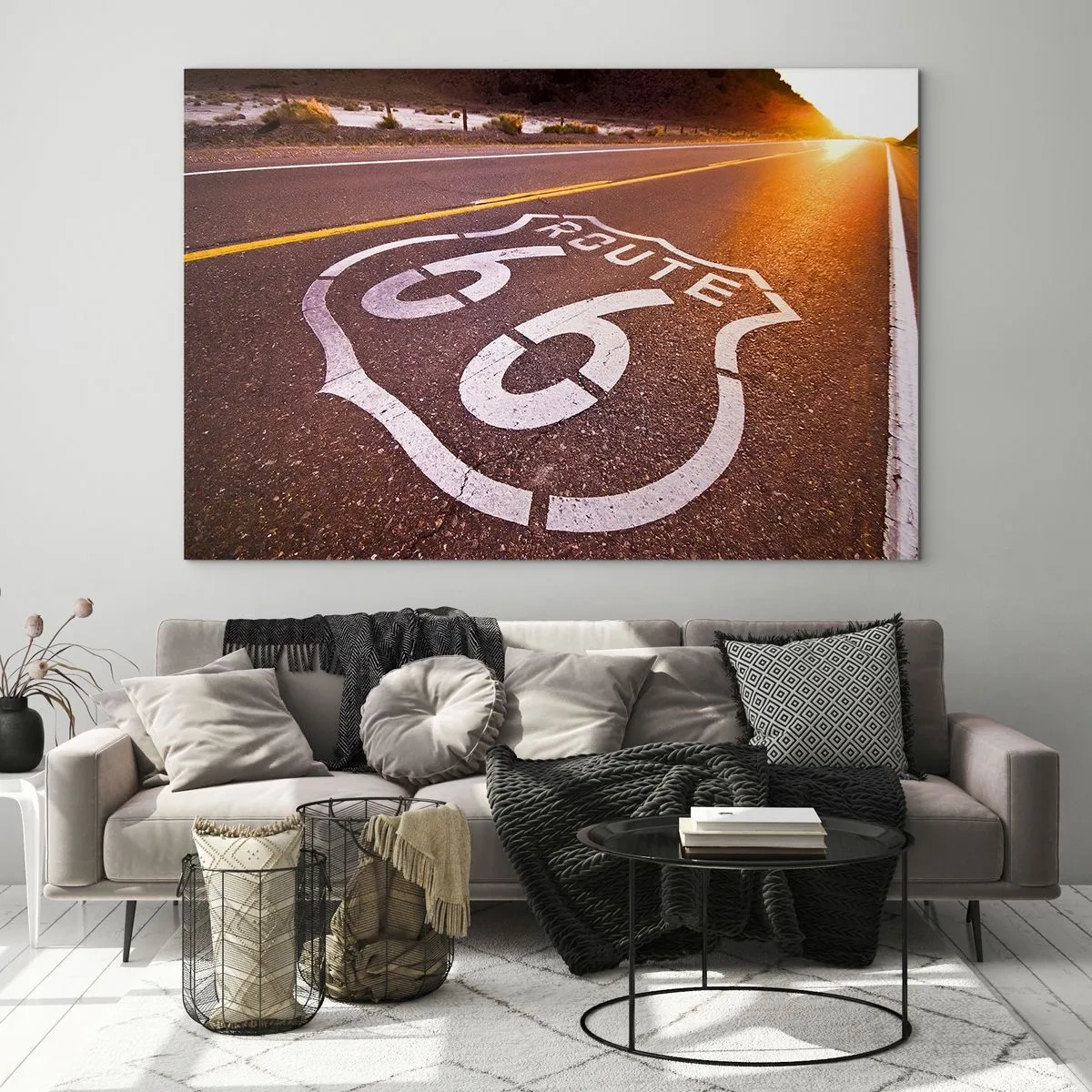 Obraz na szkle - Route 66 o zachodzie słońca - 70x50cm - Słynna droga 66 - Nowoczesna dekoracja ścienna do salonu i sypialni ARTTOR