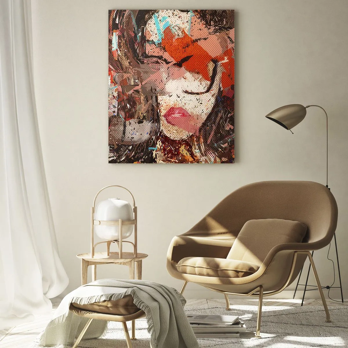 Obraz na szkle - Abstrakcyjny portret kobiety w odcieniach czerwieni i beżu - 50x70cm - Naprawdę, jaka jesteś, nie wie nikt - Nowoczesna dekoracja ścienna do salonu, kuchni i sypialni ARTTOR