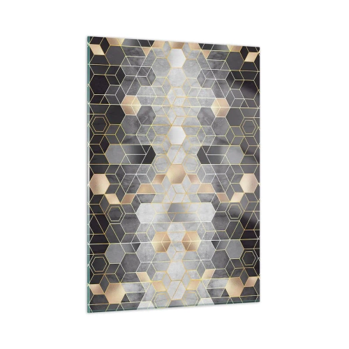 Obraz na szkle - Geometryczny wzór z heksagonów w złotych liniach - 50x70cm - Diamentowa kompozycja - Nowoczesna dekoracja ścienna do salonu, kuchni i sypialni ARTTOR