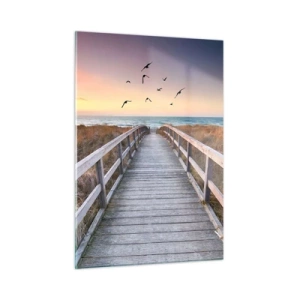 Obraz na szkle - Drewniana kładka nad wydmami prowadząca na plażę o zachodzie - 50x70cm - Przestrzeń wzlotów - Nowoczesna dekoracja ścienna do salonu, kuchni i sypialni ARTTOR