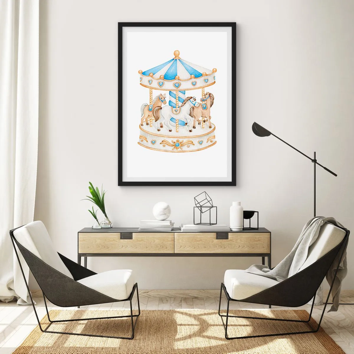 Plakat w czarnej ramie - Akwarelowa karuzela w pastelowych odcieniach niebieskiego i złota - 50x70cm - Słodkie dzieciństwo - Nowoczesna dekoracja ścienna do salonu i sypialni ARTTOR