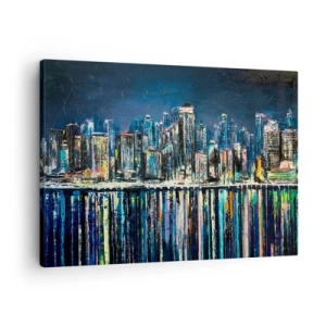 Obraz na płótnie - Panorama nocnego miasta odbijająca się w wodzie - 70x50cm - Kaskada swiateł - Nowoczesna dekoracja ścienna do salonu i sypialni ARTTOR